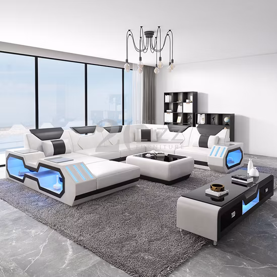 Conjunto de muebles para el hogar de cuero de estilo europeo, sofá seccional LED de esquina para sala de estar y ocio