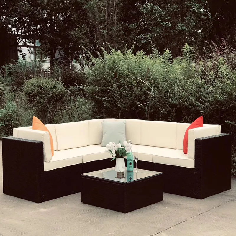 Jardín al aire libre de lujo 6 uds muebles de mimbre sofá de mimbre conversación esquina sofá seccional con cojín